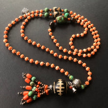 Genuine Antique Tibetan Coral and Old Dzi Mala Necklace