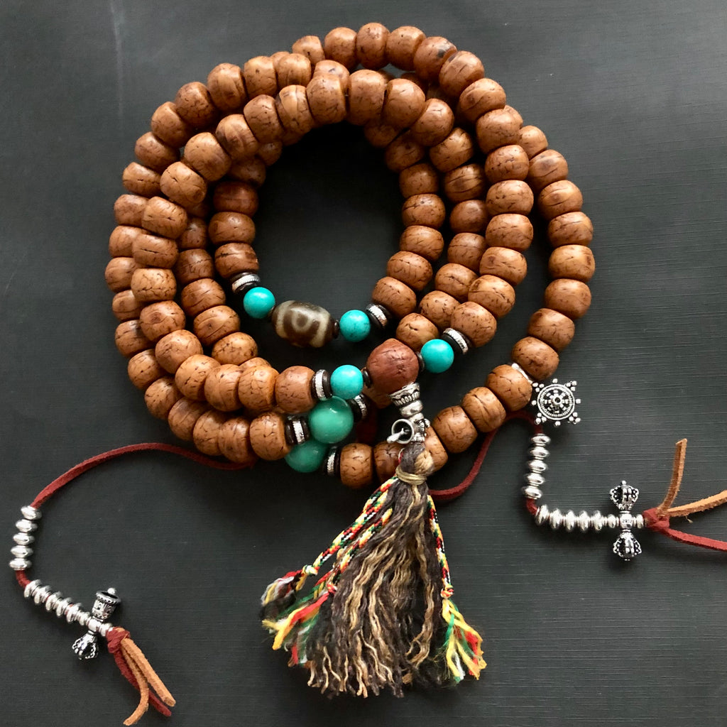 Bodhi Seed Long Mala With Red & Turquoise