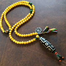 Genuine Amber Tibetan Mala with 9-eye Old Dzi Bead Necklace