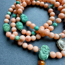 Genuine Angelskin Coral and Hand-painted “White Tara” Thangka  Mala Necklace