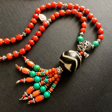 Genuine Antique Tibetan Red Coral and Old Dzi bead Mala Necklace