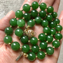 Fine Green Nephrite Jade Beads and 14k Gold and Diamonds Necklace