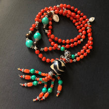 Genuine Antique Tibetan Red Coral and Old Dzi bead Mala Necklace