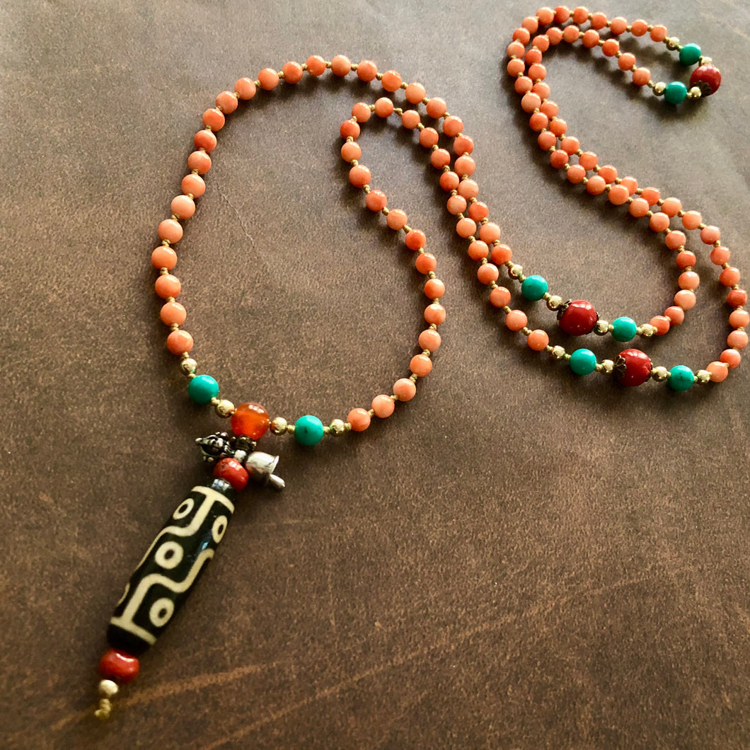 Genuine Antique Angelskin Coral and Dzi bead Mala Necklace
