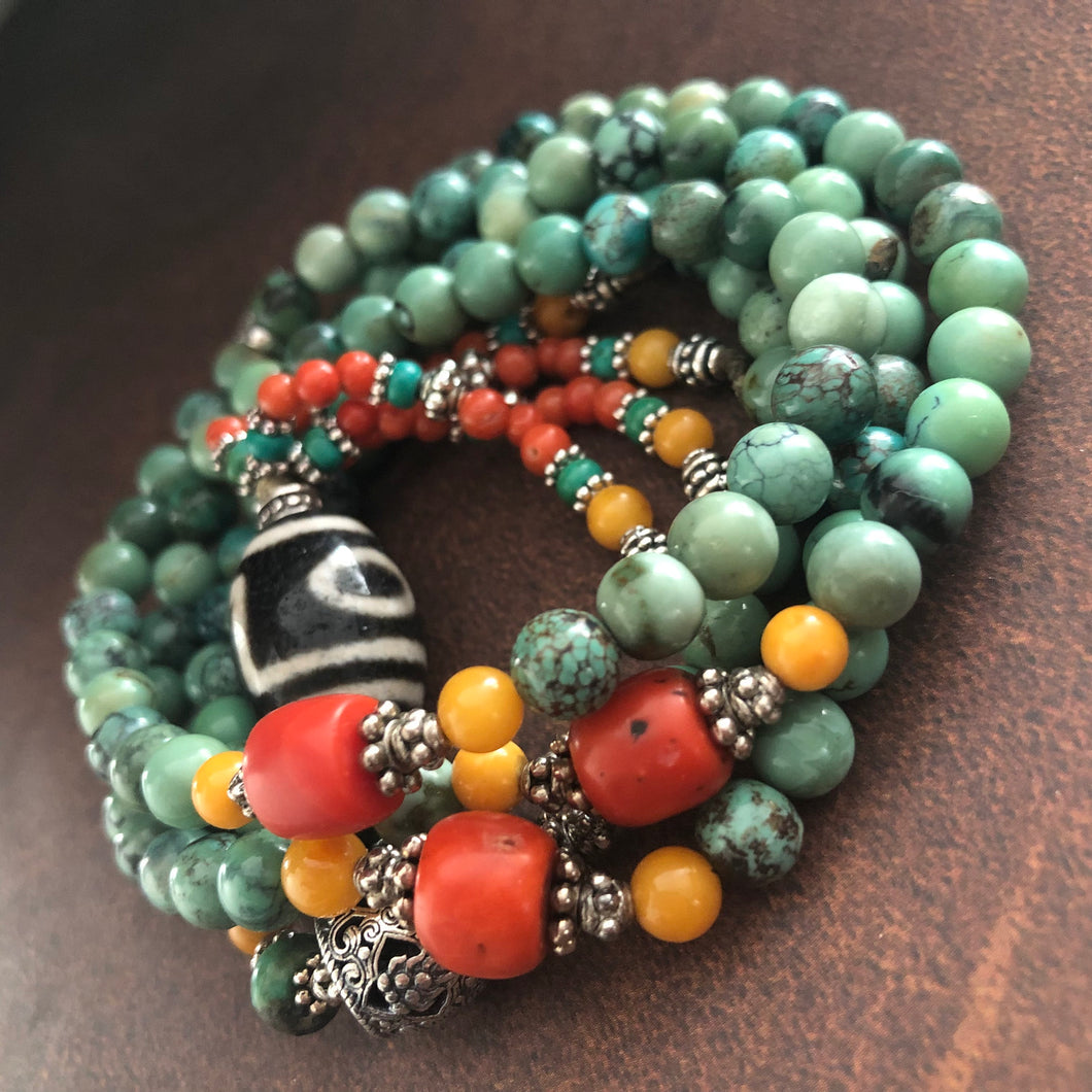 Genuine Antique Tibetan Turquoise and Dzi bead Mala Necklace