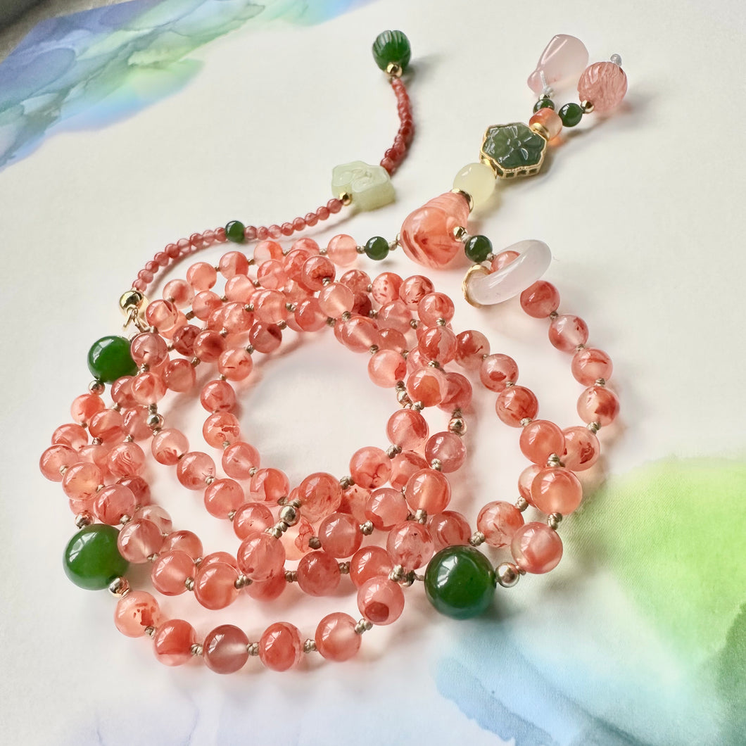 NanHong Icy-Float Agate and Nephrite  Jade Mala Necklace