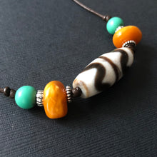 Vintage Tibetan Dzi and Amber beads on Leather Necklace