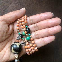 Genuine Antique Tibetan Coral and Old Dzi Beads Mala Necklace
