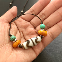 Vintage Tibetan Dzi and Amber beads on Leather Necklace