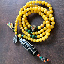 Genuine Amber Tibetan Mala with 9-eye Old Dzi Bead Necklace