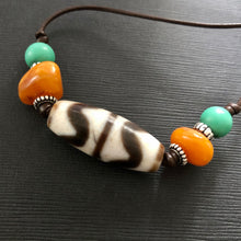 Vintage Tibetan Dzi and Amber beads on Leather Necklace