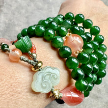 Green Nephrite Jade and NanHong Icy-Float Agate Mala Necklace