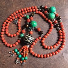 Genuine Antique Tibetan Red Coral and Old Dzi bead Mala Necklace