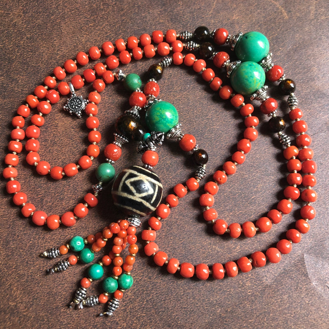 Genuine Antique Tibetan Red Coral and Old Dzi bead Mala Necklace