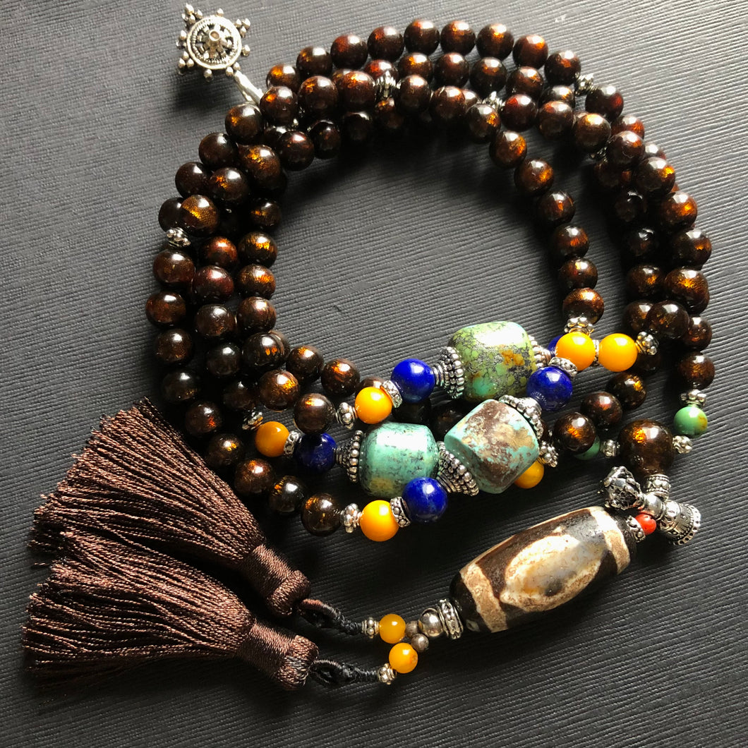 Genuine Tibetan Black Golden Coral and Dzi Mala Necklace