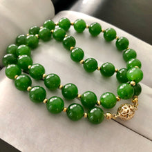 Fine Green Nephrite Jade Beads and 14k Gold and Diamonds Necklace