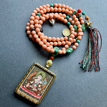 Genuine Angelskin Coral and Hand-painted “White Tara” Thangka  Mala Necklace