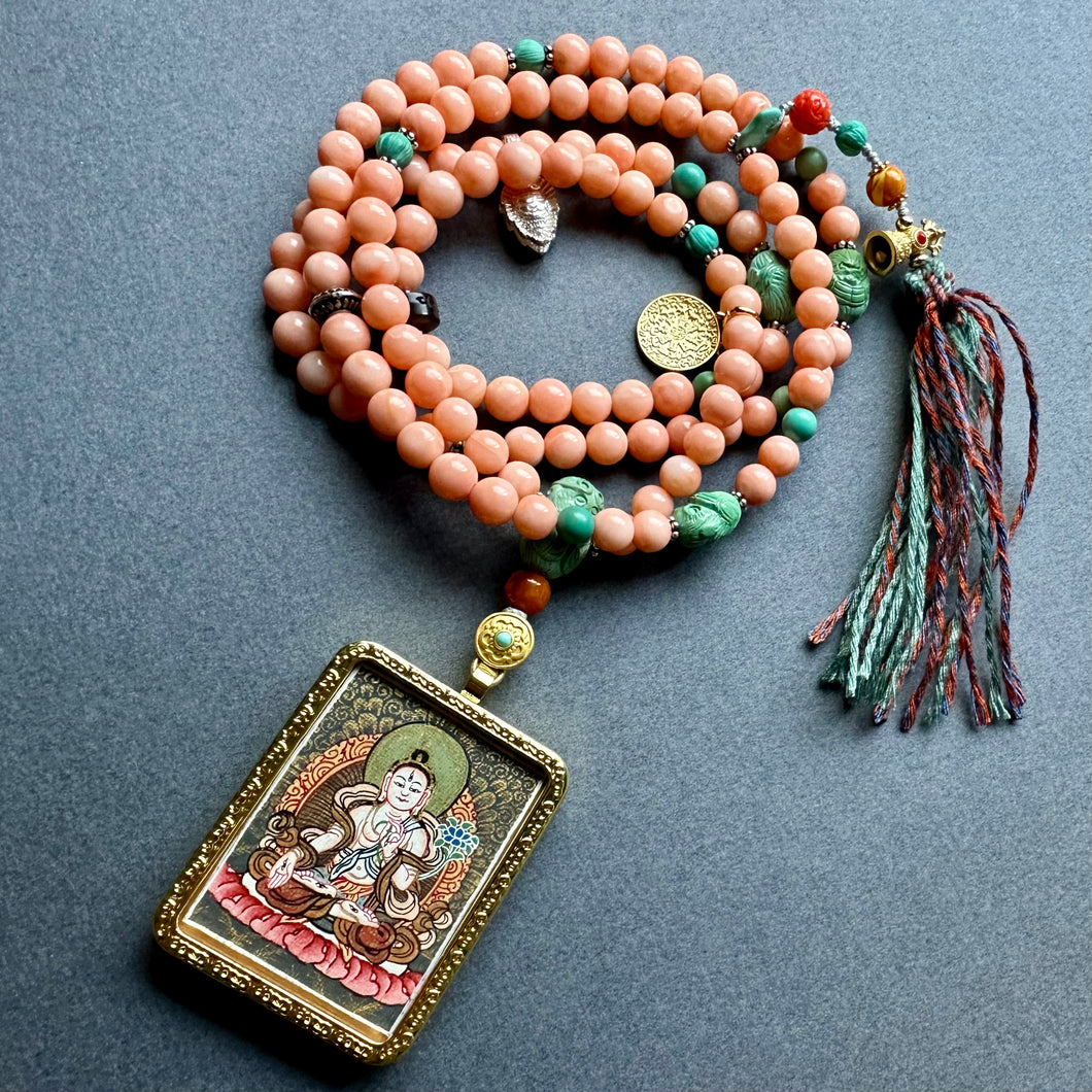 Genuine Angelskin Coral and Hand-painted “White Tara” Thangka  Mala Necklace