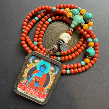 Certified NanHong Agate and Turquoise Mala Necklace with “Medicine Buddha” Thangka Pendant