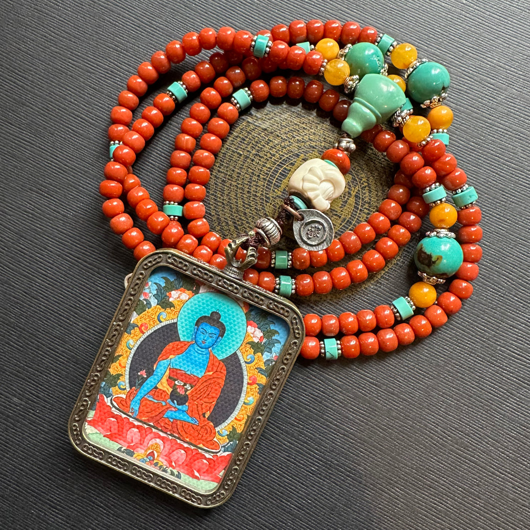 Certified NanHong Agate and Turquoise Mala Necklace with “Medicine Buddha” Thangka Pendant