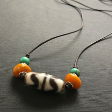 Vintage Tibetan Dzi and Amber beads on Leather Necklace