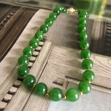 Fine Green Nephrite Jade Beads and 14k Gold and Diamonds Necklace