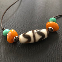 Vintage Tibetan Dzi and Amber beads on Leather Necklace