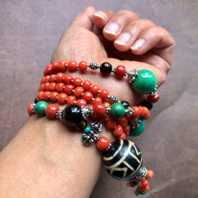 Genuine Antique Tibetan Red Coral and Old Dzi bead Mala Necklace