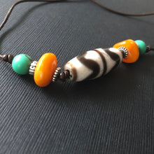 Vintage Tibetan Dzi and Amber beads on Leather Necklace