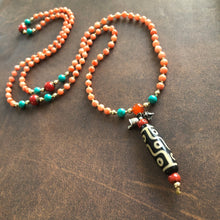 Genuine Antique Angelskin Coral and Dzi bead Mala Necklace