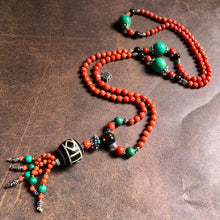 Genuine Antique Tibetan Red Coral and Old Dzi bead Mala Necklace