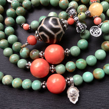 Genuine Antique Tibetan Turquoise, Coral and Dzi bead Mala Necklace