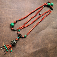 Genuine Antique Tibetan Red Coral and Old Dzi bead Mala Necklace