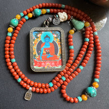 Certified NanHong Agate and Turquoise Mala Necklace with “Medicine Buddha” Thangka Pendant