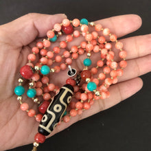 Genuine Antique Angelskin Coral and Dzi bead Mala Necklace
