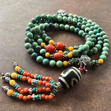 Genuine Antique Tibetan Turquoise and Dzi bead Mala Necklace