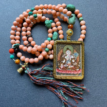 Genuine Angelskin Coral and Hand-painted “White Tara” Thangka  Mala Necklace
