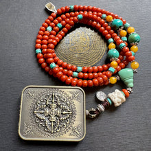 Certified NanHong Agate and Turquoise Mala Necklace with “Medicine Buddha” Thangka Pendant