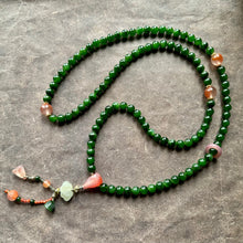 Green Nephrite Jade and NanHong Icy-Float Agate Mala Necklace