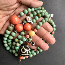 Genuine Antique Tibetan Turquoise, Coral and Dzi bead Mala Necklace