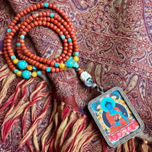 Certified NanHong Agate and Turquoise Mala Necklace with “Medicine Buddha” Thangka Pendant