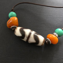 Vintage Tibetan Dzi and Amber beads on Leather Necklace
