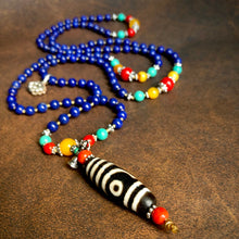 Lapis Lazuli and Old Dzi bead Tibetan Mala Necklace