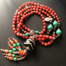 Genuine Antique Tibetan Red Coral and Old Dzi bead Mala Necklace