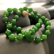 Fine Green Nephrite Jade Beads and 14k Gold and Diamonds Necklace