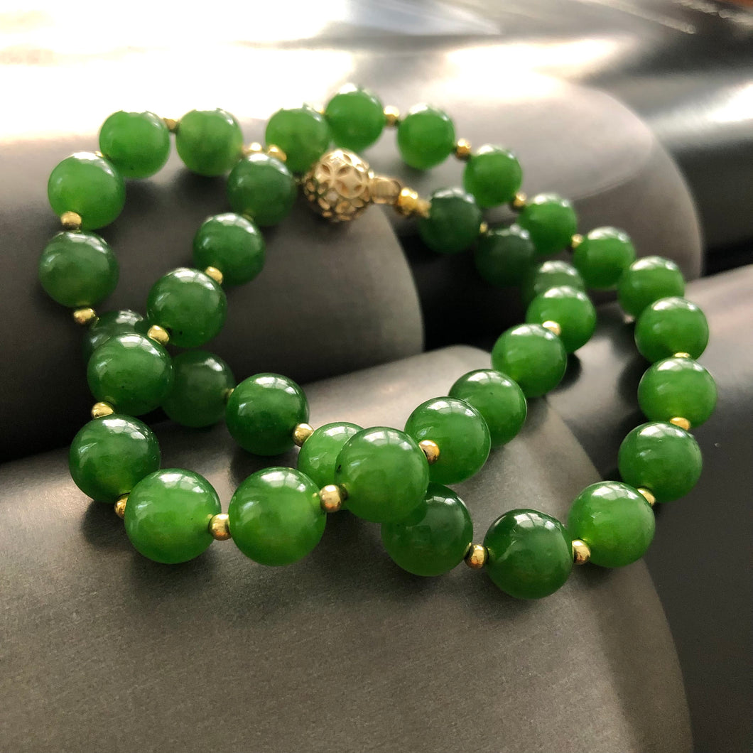 Fine Green Nephrite Jade Beads and 14k Gold and Diamonds Necklace