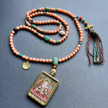 Genuine Angelskin Coral and Hand-painted “White Tara” Thangka  Mala Necklace