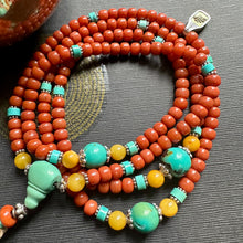 Certified NanHong Agate and Turquoise Mala Necklace with “Medicine Buddha” Thangka Pendant