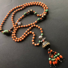 Genuine Antique Tibetan Coral and Old Dzi Mala Necklace
