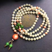 Lotus - Hetian Nephrite Jade and Antique Tibetan Coral Mala Necklace